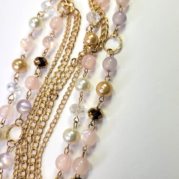 Multistrand Gold and Pink Beads Long Necklace - Picture 5 of 8